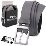 Ciemnoszary pasek damski skórzany. Srebrna klamra. 115 cm.