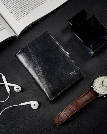 Duży, pionowy portfel męski bez zapięcia z błyszczącej skóry naturalnej — Rovicky