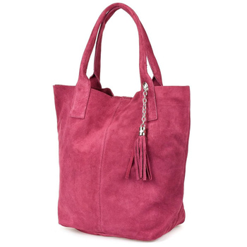 Skórzana Duża Torebka Damska Ze Skóry Zamszowej Różowa Purpurowa