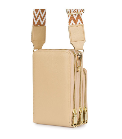 Beżowa torebka na telefon - mini listonoszka z ekoskóry. Suwak