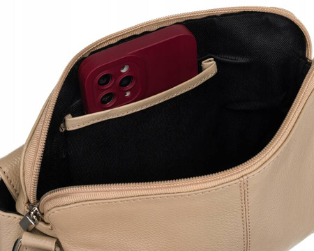 Mała torebka damska listonoszka skórzana Beżowa. Suwak.