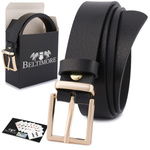 Czarny pasek damski skórzany. Złota klamra. 110 cm.