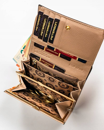 Czarny portfel ze złotymi wstawkami. Lakierowana Skóra RFID