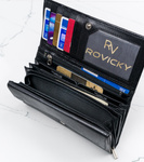 Duży skórzany portfel damski czarny. Zatrzask.