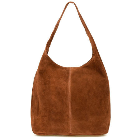 Zamszowa torebka damska z włoskiej skóry na suwak. KONIAKOWA brązowa