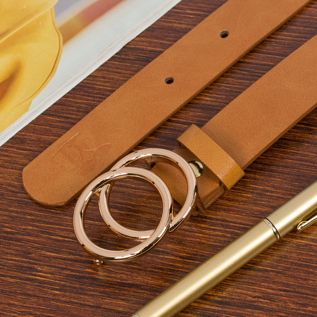 Brązowy pasek damski skórzany ze złotą okrągłą klamrą. Camel 