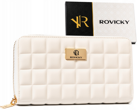 Elegancki duży portfel damski na suwak kremowy pikowany  - Rovicky