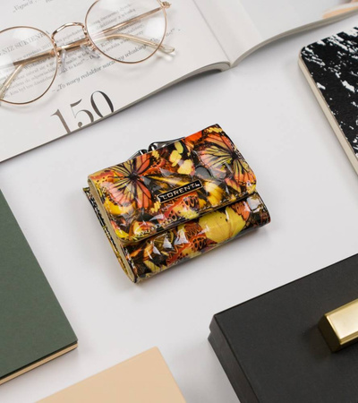 MIni portmonetka żółta w motyle - skóra naturalna
