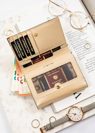 Beżowy portfel skórzany z portmonetką i okienkiem. RFID