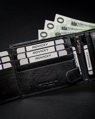 Poziomy portfel męski z zapięciem na zatrzask i schowkiem, RFID — Rovicky
