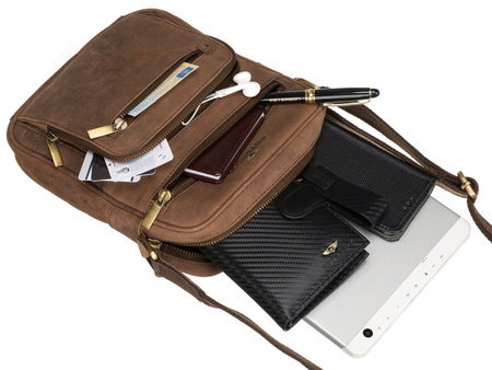 Skórzana torba męska listonoszka na długim pasku - Brązowa