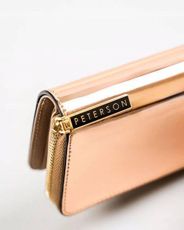 Złoty portfel damski lakierowany. Skóra naturalna z ochroną RFID