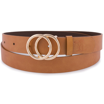 Brązowy pasek damski skórzany ze złotą okrągłą klamrą. Camel