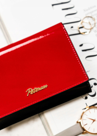 Czerwony portfel skórzany z portmonetką i okienkiem. RFID