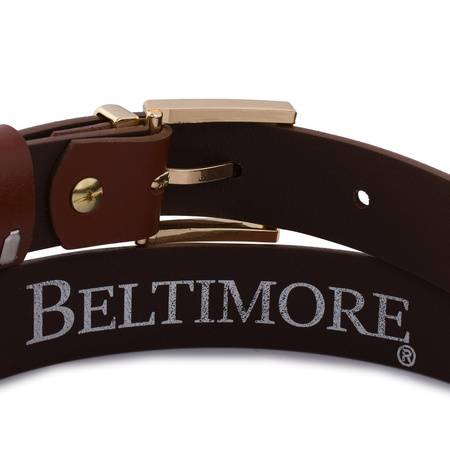 Brązowy pasek damski skórzany. Złota klamra. 120 cm.