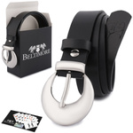 Skórzany pasek damski CZARNY. Srebrna klamra. 115 cm.