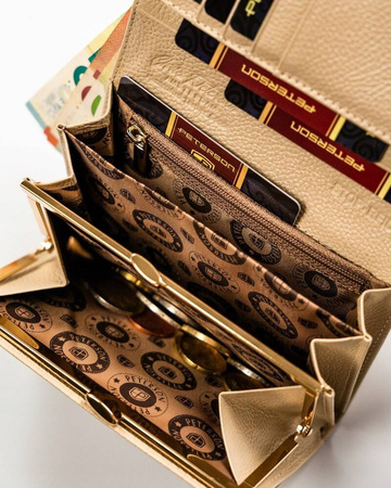 Lakierowany portfel czarny i złoty. Portmonetka i okienko. Skóra RFID