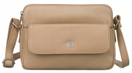 Mała torebka damska listonoszka skórzana Beżowa. Suwak.