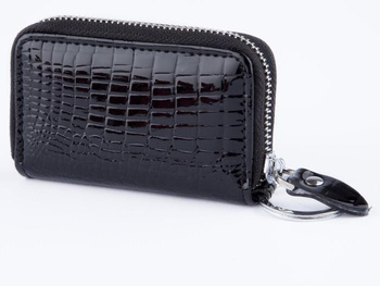 Małe damskie etui na klucze na suwak - czarne skórzane lakierowane