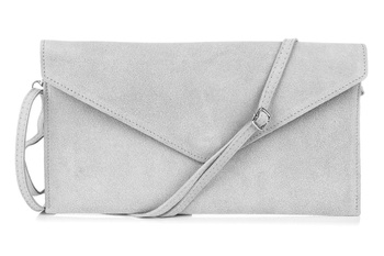 Elegancka jasnoszara kopertówka ze skóry zamszowej