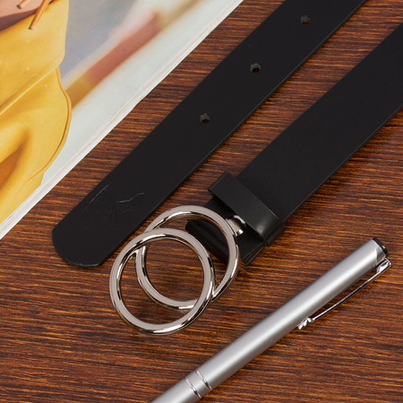 Czarny pasek damski skórzany ze srebrną okrągłą klamrą