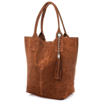 Skórzana Duża Torebka Damska Ze Skóry Zamszowej Koniakowa Brązowa