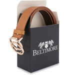 Brązowy pasek damski skórzany ze złotą okrągłą klamrą. Camel 