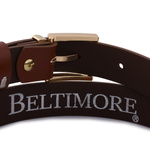 Brązowy pasek damski skórzany. Złota klamra. 100 cm.