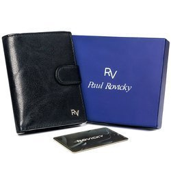 Praktyczny, pionowy portfel męski z zapinką z błyszczącej skóry naturalnej — Rovicky