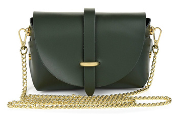 Mała skórzana torebka damska kopertówka na łańcuszku Zielona. Kuferek