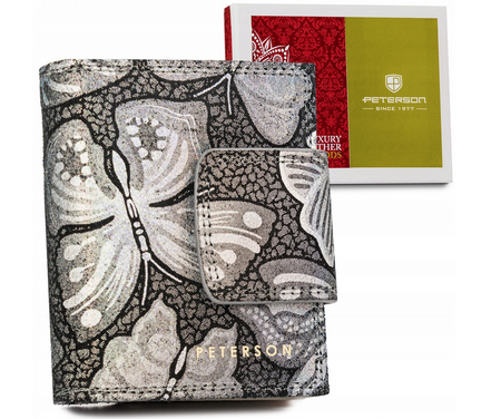 Mały, srebrny portfel damski ze skóry naturalnej, w motyle