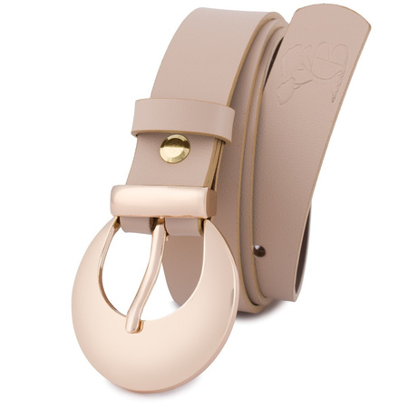 Beżowy pasek damski skórzany. Złota klamra. 105 cm.