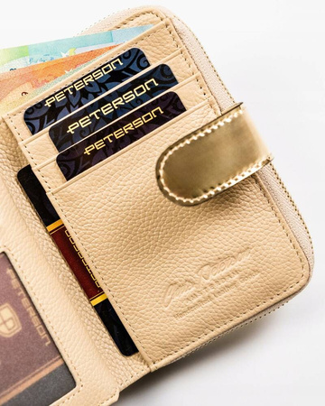 Złoty portfel damski pionowy. Skóra naturalna z ochroną RFID