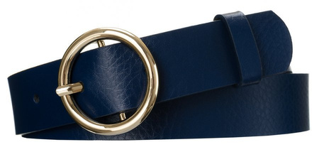 Połyskujący, skórzany pasek damski ze złotą, okrągłą klamrą — Rovicky