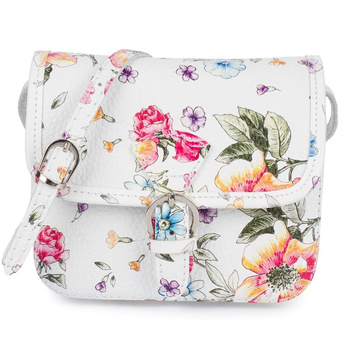 Zgrabna biała mała torebka skórzana włoska. Regulowany pasek. Wzór.