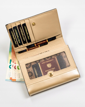 Beżowy portfel skórzany z portmonetką i okienkiem. RFID