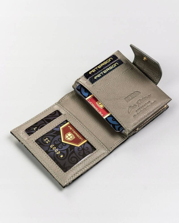 Mały, srebrny portfel damski ze skóry naturalnej, w motyle