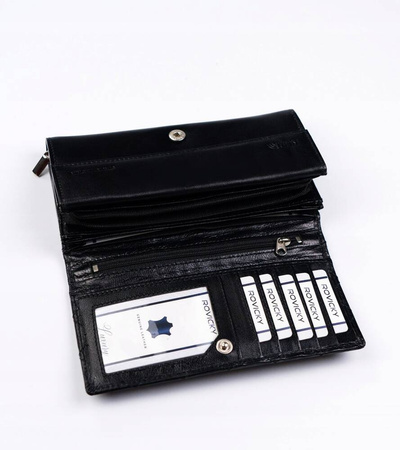 Duży pikowany skórzany portfel damski czarny. Zatrzask.