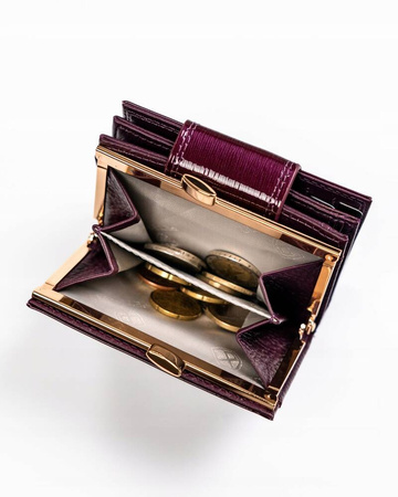 Lakierowany mały skórzany portfel damski FIOLETOWY na zatrzask. RFID.