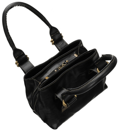 Trzykomorowa czarna torebka kuferek skóra licowa