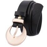 Skórzany pasek damski CZARNY. Złota klamra. 105 cm.