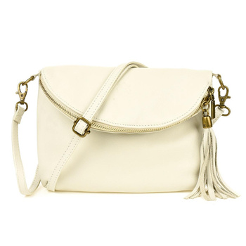 Ecru Torebka Listonoszka ze skóry z klapą na suwak. Kremowa