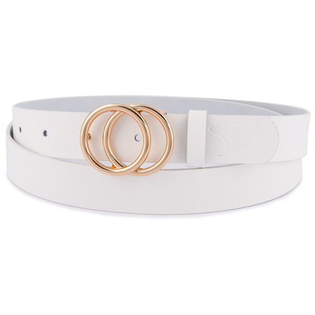 Biały pasek damski skórzany ze złotą klamrą okrągłą