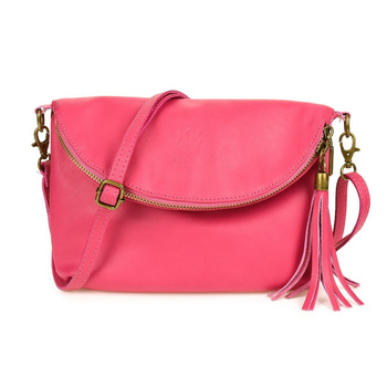 Różowa Torebka Listonoszka ze skóry z klapą na suwak