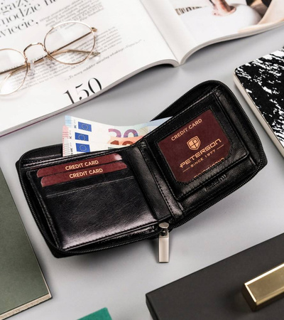 Poręczna, czarna skórzana portfel-portmonetka damska. Suwak. RFID.