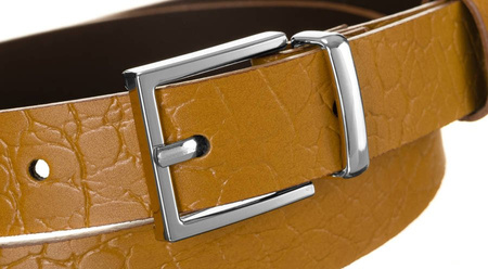 Ciekawy skórzany pasek damski ze srebrną klamrą, wzór gadziej skóry — Rovicky
