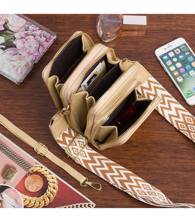 Beżowa torebka na telefon - mini listonoszka z ekoskóry. Suwak