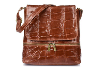 Włoska skórzana torebka damska listonoszka koniakowa. Wzór CROCO.