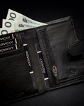 Pionowy, czarny portfel męski ze skóry naturalnej, ochrona RFID — Rovicky