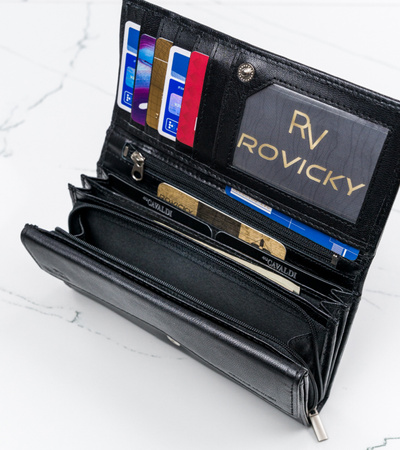 Duży skórzany portfel damski czarny. Zatrzask.